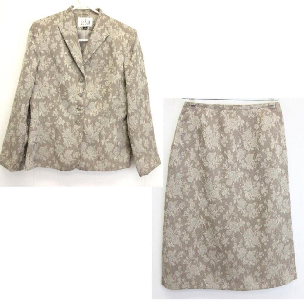 Le Suit 2 Piece Skirt Suit Size 6 Taupe Jacquard Faux Diamond Buttons - ALTERED
